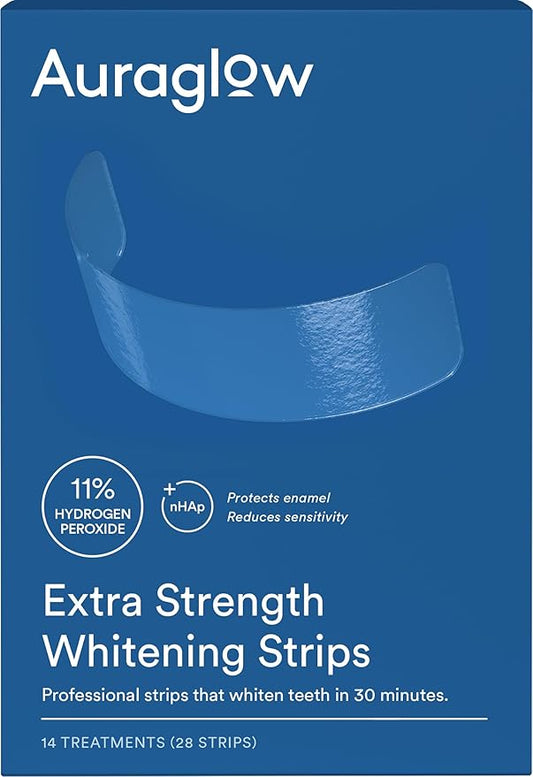 Auraglow Extra Strength Teeth Whitening Strips, Strong Whitening Strips, 14 Whitening Treatments, 11% Hydrogen Peroxide with Nano Hydroxyapatite to Reduce Sensitivity & Protect Enamel, 28 Strips, Mint
