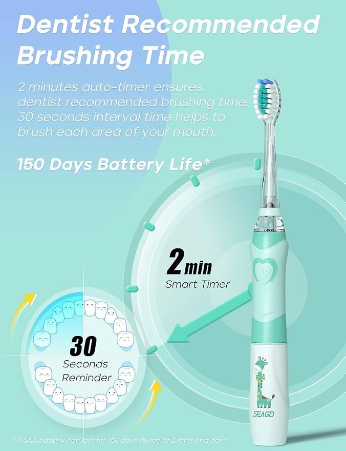 SEAGO Kids Electric Toothbrush with 2 Mins Brushing Timer and 4 Replacement Bursh Heads, Rainbow LED Light Make Brushing Fun, Green Color Boys Battery Powerd Toothbrush for 4-12 Years Old，SG-977