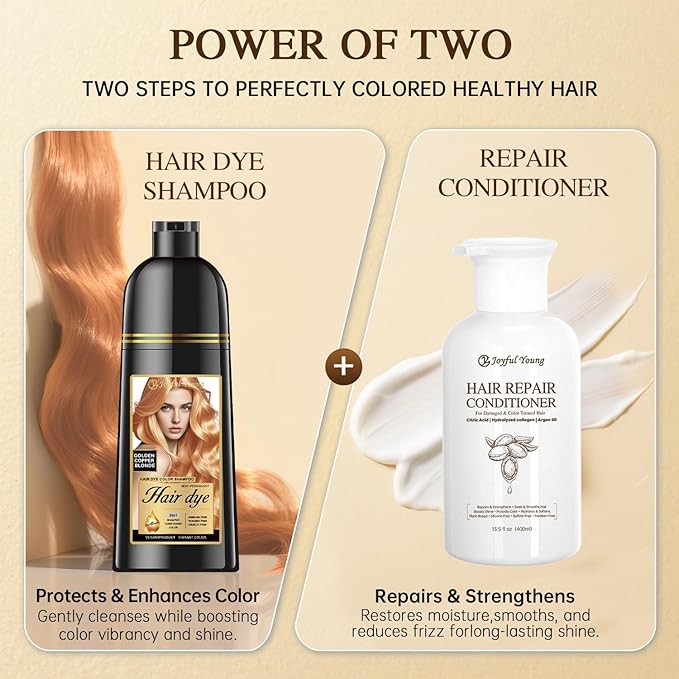 Natural Color Hair Dye Shampoo 3 IN 1, Instant Hair Coloring, Gray Coverage for Men & Women, Beard Dye Vegan Ammonia Free, Champú Para Canas Mujer & Hombre (GOLDEN COPPER BLONDE)