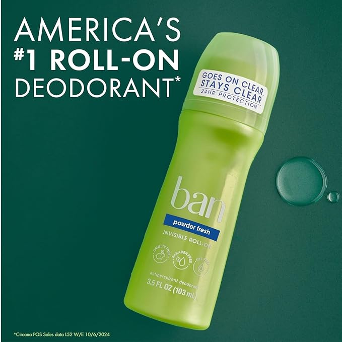 Ban Invisible Roll-on Antiperspirant Deodorant for Women and Men, 24-hour Underarm Odor & Sweat Protection, Powder Fresh, 3.5 Oz, Pack of 4