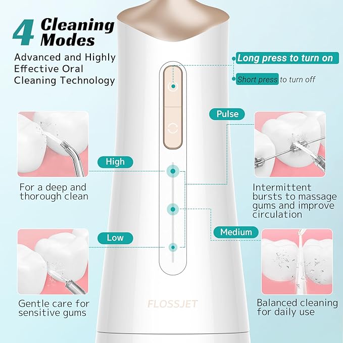 Water Dental Flosser Cordless Oral Irrigator with 300ml 5 Tips 4 Modes USBCharger Portable Travle Irrigation Cleaner IPX7 Electric Irrigador Dental for Teeth Cleaning (White)
