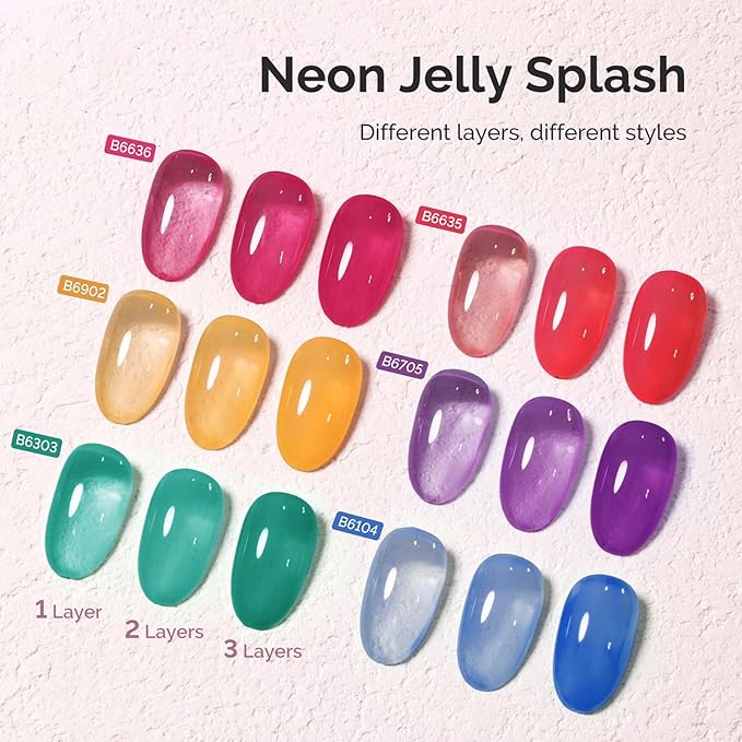 MelodySusie Jelly Gel Nail Polish Set,6 Transparent Colors,Jelly Texture,Neon Splash Colors Soak Off UV LED Light Cure or Salon Manicure and Nail Art DIY at Home
