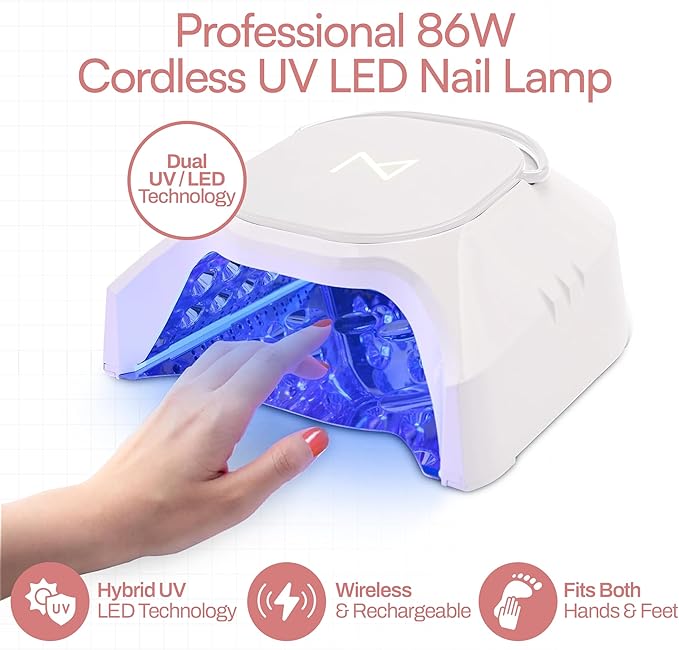 M - GlowPro Professional Hybrid 86W Wireless Rechargeable UV LED Nail Curing Lamp Cordless Nail Dryer for Gel Nails, Manicure, Pedicure (Black & White)
