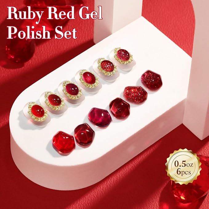 Double Rhythm 6 Pcs 15 ML Gel Polish Set Same Color Same Bottle Soak Off Gel Polish Kit Nail Art Manicure Salon DIY at Home for Women (Jelly Burgundy Red Glitter Silver -T6-56)