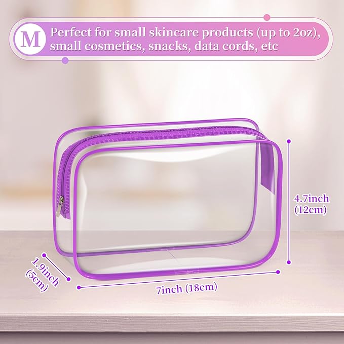 TISRATOK 12 PCS Clear Makeup Bag for Women with Zipper, TSA Approved Toiletry Pouch, Cosmetic Bag Bulk for Travel Organizer Essentials - Purple, Medium