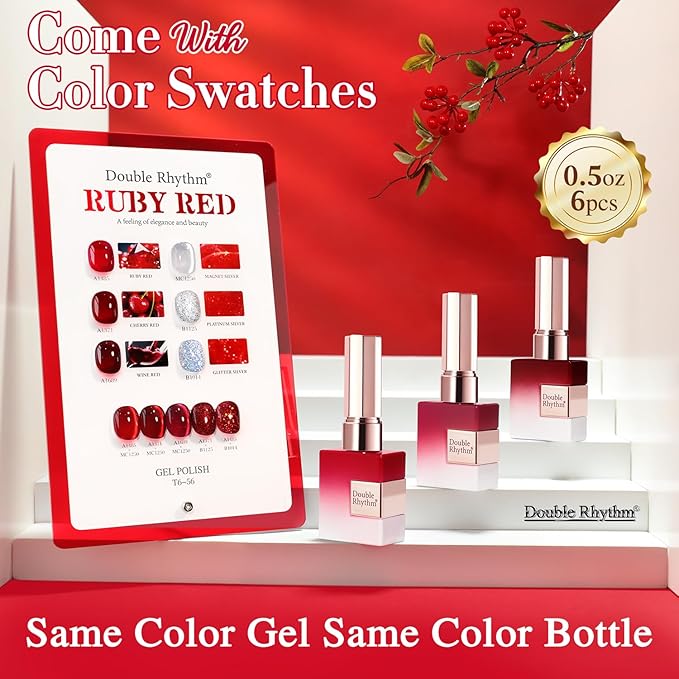 Double Rhythm 6 Pcs 15 ML Gel Polish Set Same Color Same Bottle Soak Off Gel Polish Kit Nail Art Manicure Salon DIY at Home for Women (Jelly Burgundy Red Glitter Silver -T6-56)