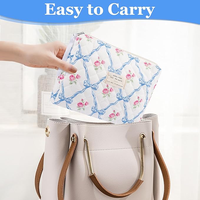 Floral Makeup Bag, Small Cosmetic Bag for Women Girls, Cute Cotton Makeup Bag, Quilted Makeup Bags, Flower Travel Toiletry Organizer Bag(Blue Flower)