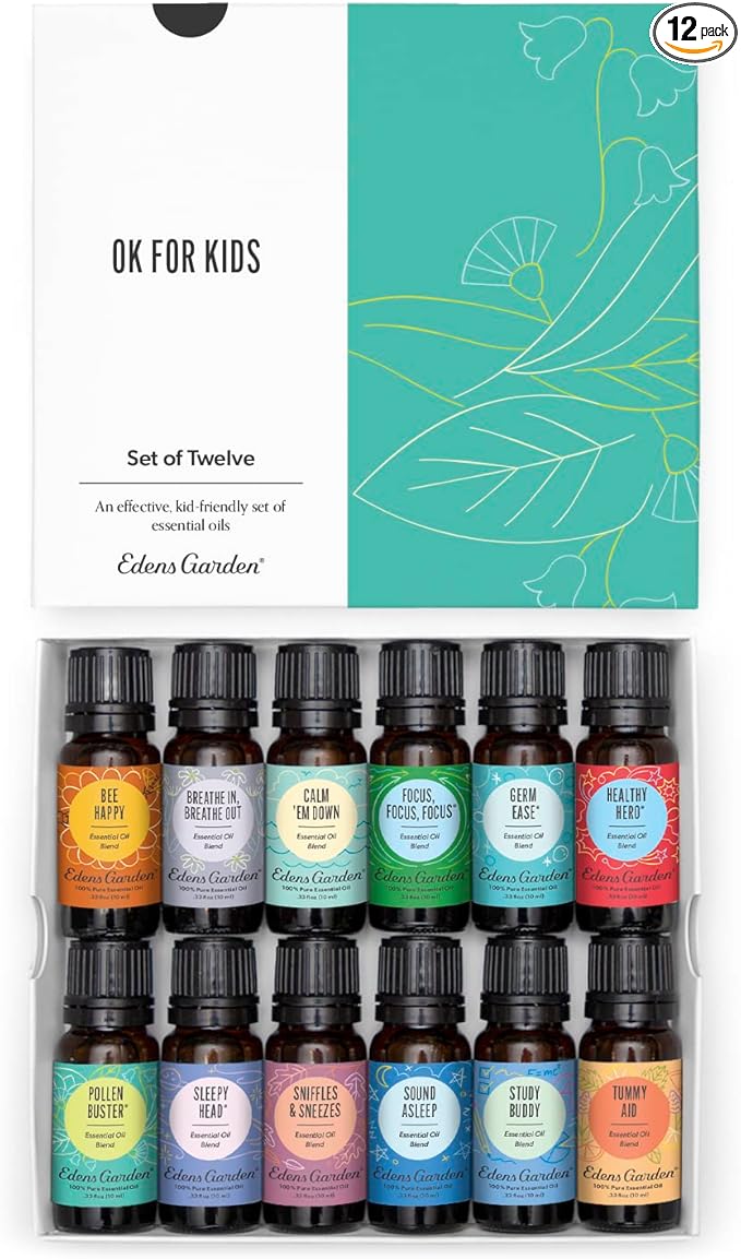 Edens Garden OK for Kids Essential Oils 12 Set – 100% Pure Therapeutic Grade, Natural Aromatherapy Scents for DIY Slime, Diffusers & Home – No Fragrance Oil Scents, Undiluted & Gentle, 10 ml/ 12 Pack