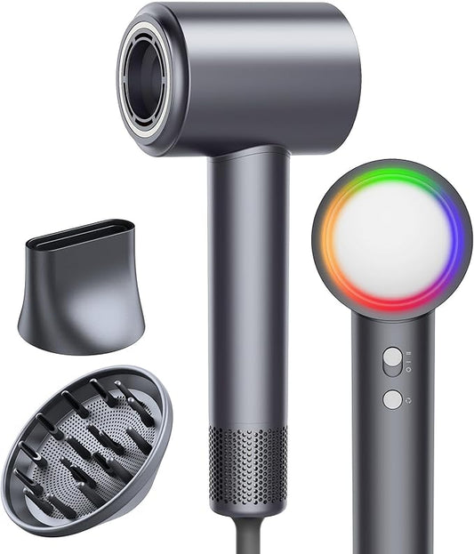 16W RPM High-Speed Hair Dryer for Fast Drying, Quiet lonic Blow Dryer with Frizz Control & No Heat Damage, Lightweight Travel Hair Dryer with Magnetic Nozzles for Curly & Straight Hair (Gray)