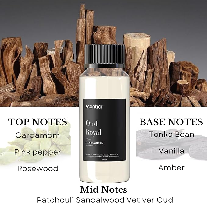 Scentia Oud Royal Hotel Diffuser Oil 120 ml | Oud Royal for Scent Diffuser |Thanksgiving & Holiday Gift Luxurious Aroma, Niche Scent, Cardamom, Rosewood & Oud | 120ml Aromatherapy Fragrance