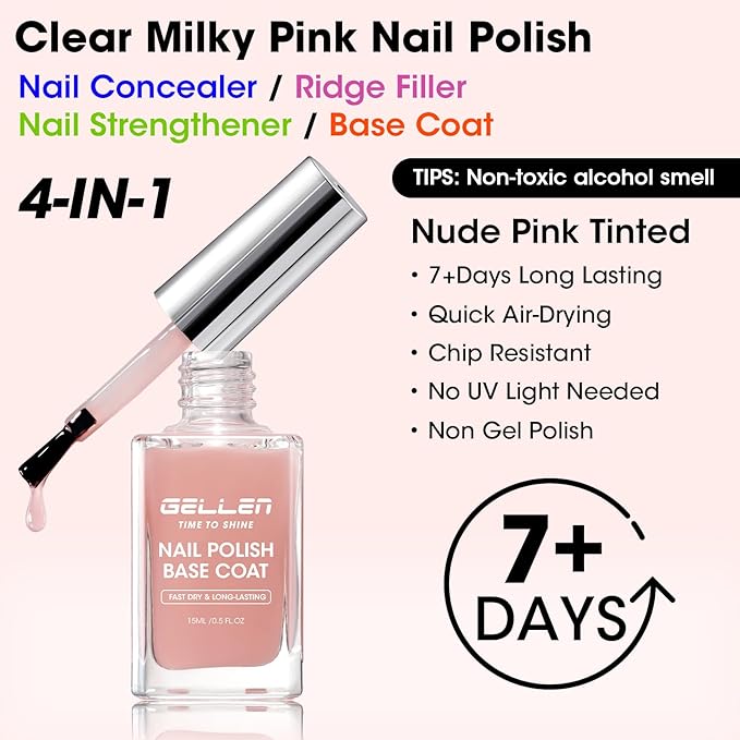 GELLEN 4‑in‑1 Clear Nail Polish Base Coat Sheer Tinted Natural Pink, Ridge Filler, Nail Strengthener & Concealer, Calcium Formula Strengthens Nails, Enhances Natural Look, No HEMA, Anti-yellowing