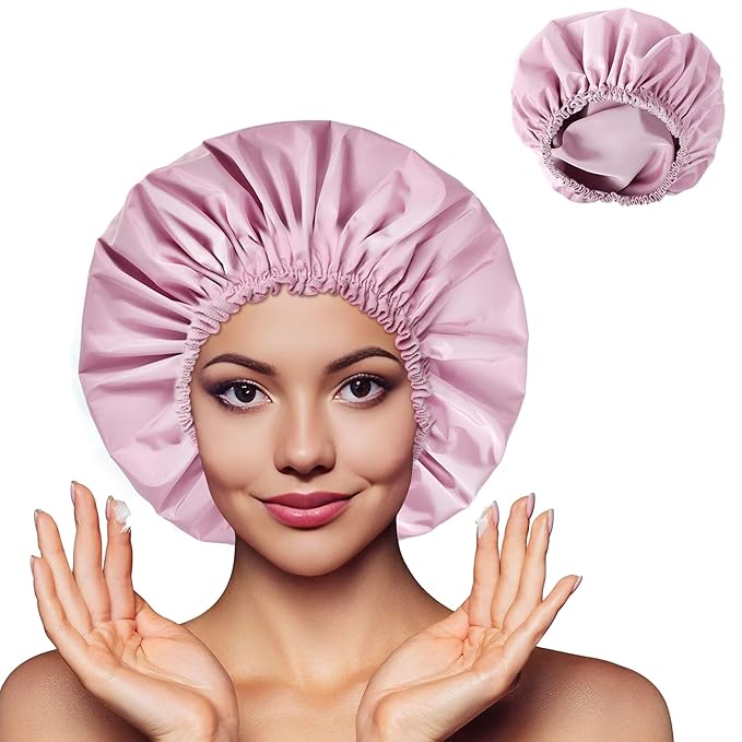 Shower Cap for Women, Double Layer Waterproof Bath Cap, Reusable Hair Protector, Large Waterproof Shower Bonnet Washable Elastic Band Bath Hair Hat for Long Hair, Braids， - Purple