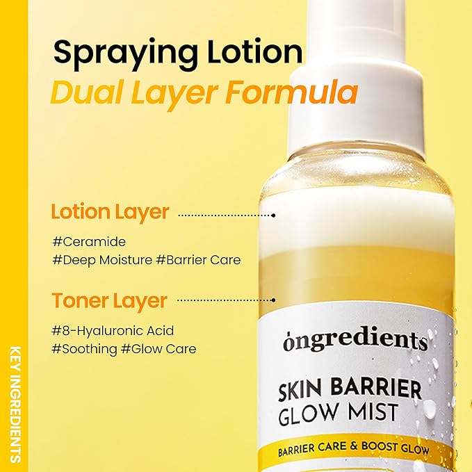 ONGREDIENTS Skin Barrier Glow Mist, Dual-Layer Facial Mist, 98% Pure Glutathione, Multi-Peptide, Centella, Ultra-Fine Spray, Cooling, Dry and Sensitive Skin, Korean Skin Care, 3.38 fl. oz. / 100ml