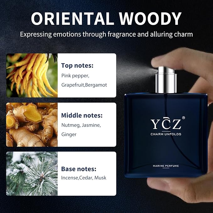 Ycz Charm Unfolds Marine Perfume for Men, 1.7 oz. Long Lasting Eau De Parfum Cologne For Men, Oriental Woody Fragrance - Ideal Special Occasions, Making it the Ideal gentlemen’s Gift