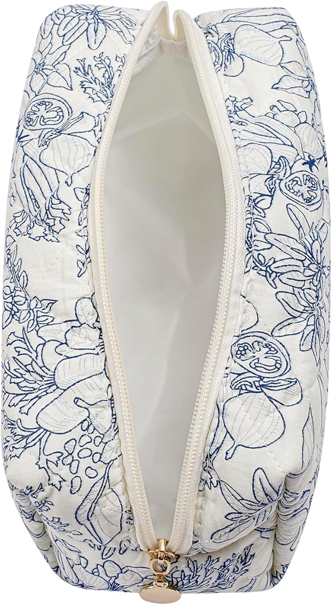 Makeup Bag Travel Cosmetic Bag for Women Girls, Zipper Make Up Pouch, Floral Flowers Toiletry Organizer Makeup, Portable Storage Bag, Cosmetic Travel Cloth Bag (Navy Blue Flower)