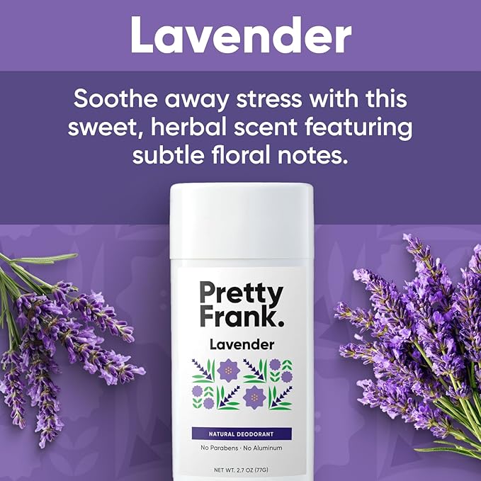 Pretty Frank Natural Aluminum-Free Deodorant Stick, Lavender (2-Pack) | All-Day Odor Control for Women & Men | Effective, Skin Soothing Formula with Safe, Organic Ingredients and Essential Oils