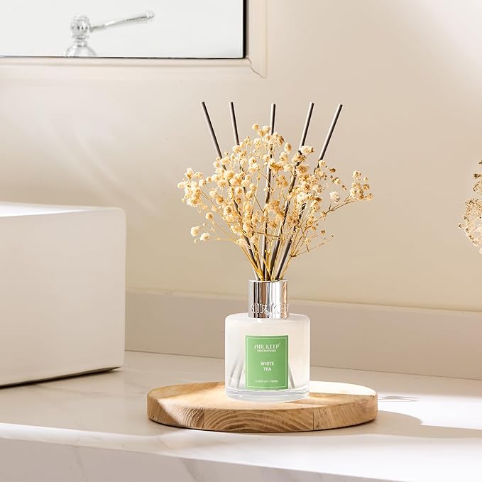 Airkeep Reed Diffuser Set,3.38 fl oz (100 ml) - White Tea Oil Diffusers with 8 Reed Sticks, Home Fragrance Reed Diffuser for Bathroom Shelf Decor