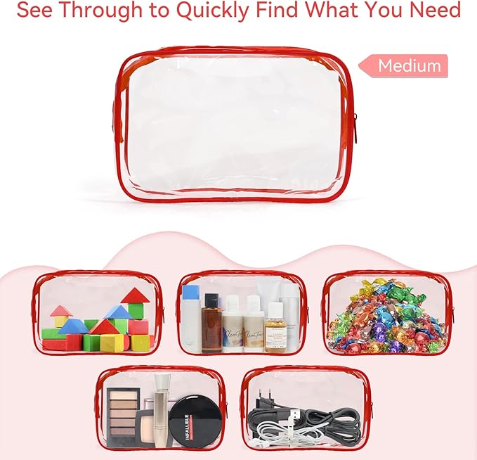 TISRATOK 12 PCS Clear Makeup Bag for Women with Zipper, TSA Approved Toiletry Pouch, Cosmetic Bag Bulk for Travel Organizer Essentials - Red, Medium