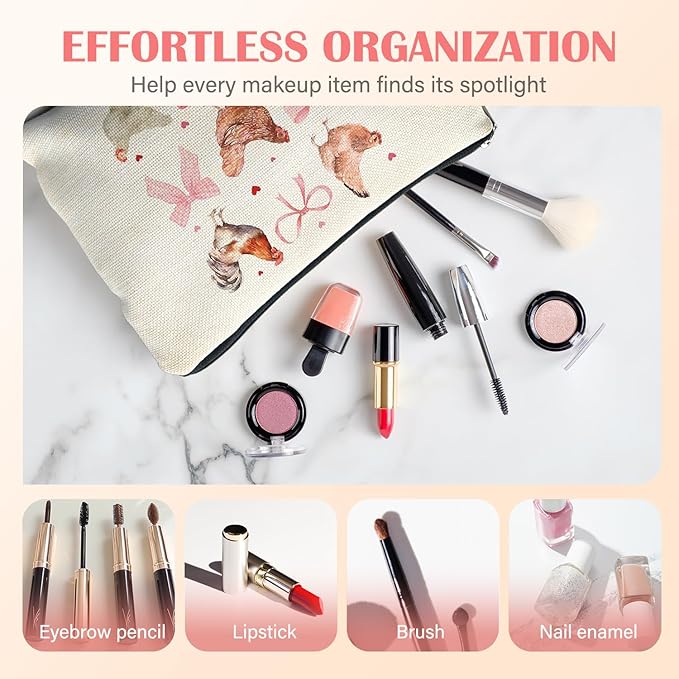 Coquette Pink Bow Chicken Makeup Bag for Women, Chicken Lover Gifts, Preppy Cottagecore Cosmetic Bag for Purse, Cute Rooster Hen Farm Animal Makeup Zipper Pouch