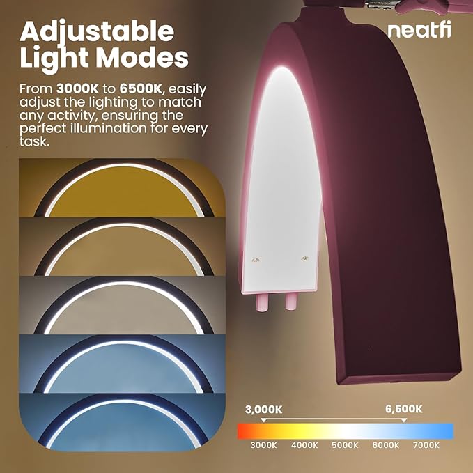 Neatfi Half Moon LED Table Lamp for Estheticians, Nail Tech, and Cosmetician for Manicure Art, Facial, Waxing, Threading and Tattoo, 2500 Lumens, 5 Light Modes (with Clamp, Pink)