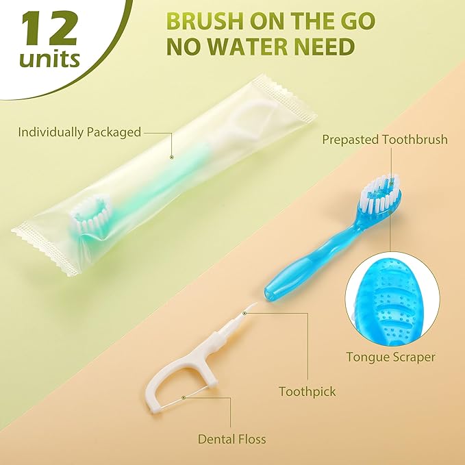 B Rush 24Pack 5 in 1 Mini Disposable Toothbrush, Toothpaste+Tongue Cleaner+Floss+Pick, Portable Prepasted Travel Set for Kids Adults, Individual Wrapped for Work Camping&Daily Care, Mint Flavor