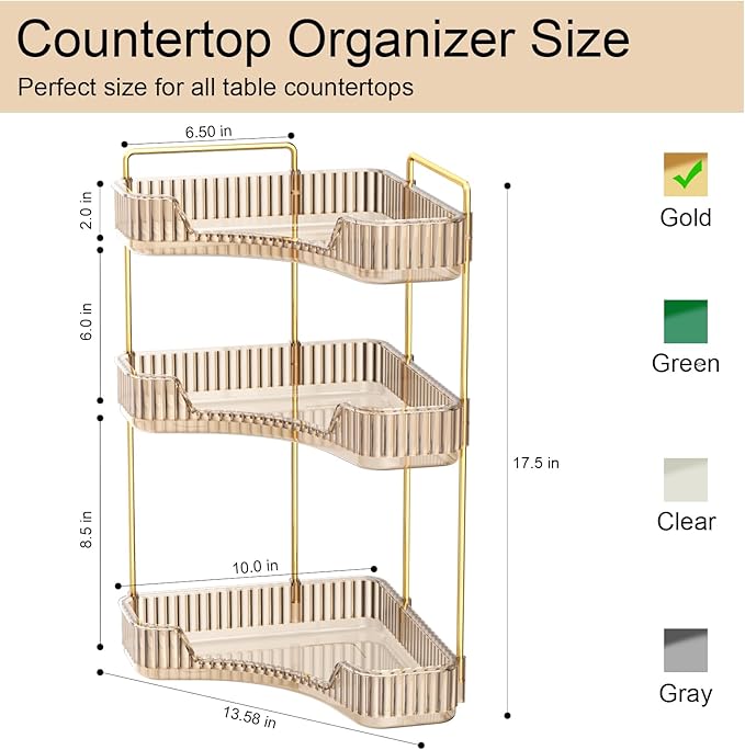 GTI 3-Tier Corner Bathroom Counter Organizer, Large Capacity Makeup Organizer Countertop, Perfume Cosmetics Skincare Vanity Organizers, Exquisite Countertop Storage for Women (Amber)