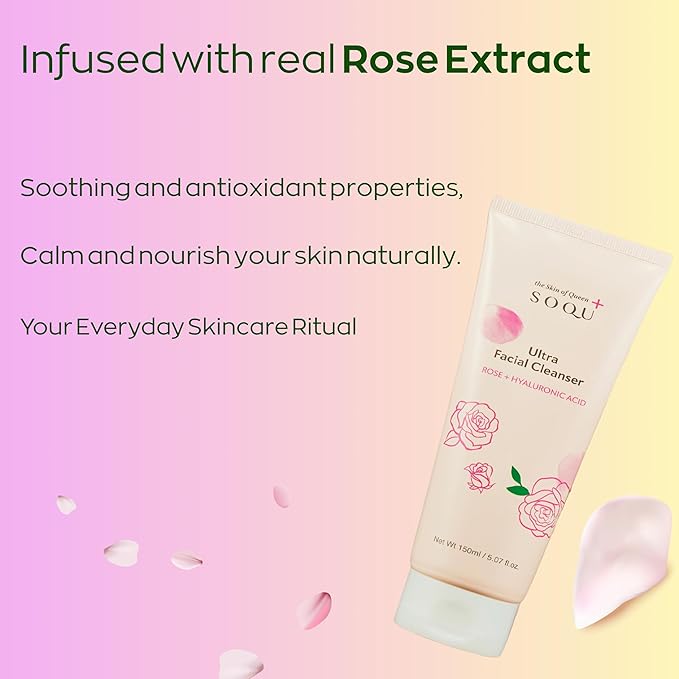 Rose Facial Cleanser with Hyaluronic Acid – Hydrating Daily Face Wash for Glowing Skin – Made in Korea – 150ml