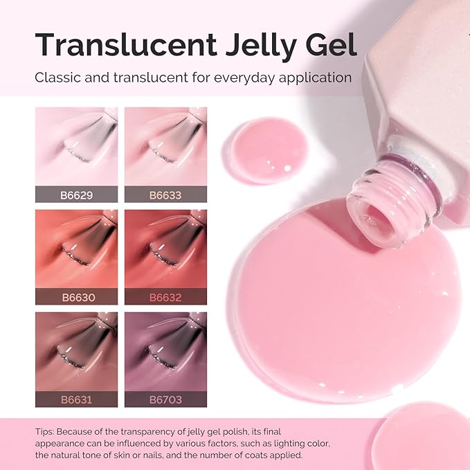 MelodySusie Jelly Gel Nail Polish Set,6 Transparent Colors,Milky or Jelly Texture,Soft Blush Mist Colors Soak Off UV LED Light Cure or Salon Manicure and Nail Art DIY at Home