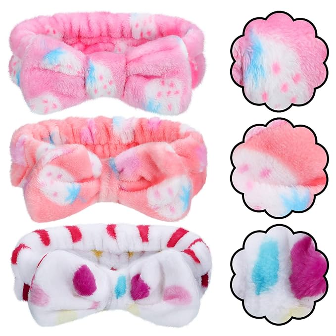 3 Pcs Towel Headbands for Women Headband for Washing Face Facial Hair Band Skincare Microfiber Bowtie Headband Makeup Terry Cloth Headbands Spa Shower Hair Band for Women Girls (Bright Patterns)