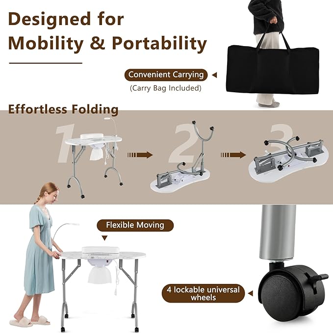 S AFSTAR Portable Nail Table, 35" Foldable Manicure Table with Electric Dust Collector, Bendable LED Lamp, Carry Bag & 4 Lockable Wheels, Professional Nail Desk Nails Salon Station (White)