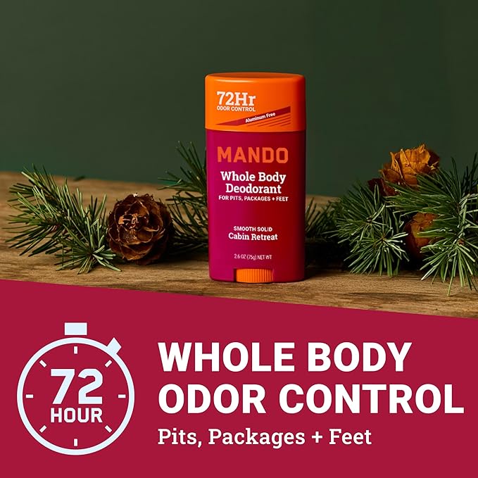 Mando Whole Body Deodorant For Men - Smooth Solid Stick - 72 Hour Odor Control - Aluminum Free, Baking Soda Free, Skin Safe - 2.6 Ounce (Pack of 2) - Cabin Retreat Limited Edition Scent