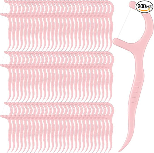 Baderke 200 Count Floss Picks Bulk Non Breakable Tooth Picks Flosser Dental Floss Sticks for Adults Teeth Cleaning Dental Flossers for Family Pack Travel(Light Pink)