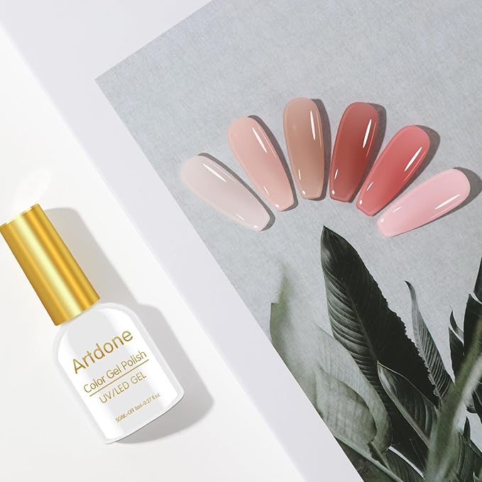 Artdone Sheer Gel Nail Polish Set Jelly UV Gel 6 Colors Translucent Milky White Pink Nude Brown Colors Nail Polish For All Seasons Neutral Soak off LED Lamp Gel Manicure Kit For Nail Art