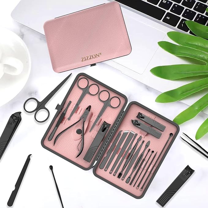 ZIZZON Nail Clippers Manicure Pedicure Set 18 in 1 Nail Grooming Kit with Leather Travel Case(Black/Pink)