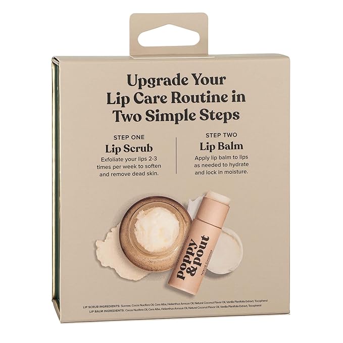 Poppy & Pout Lip Care Set | Lip Balm & Scrub | Sustainable Cardboard Tubes & Glass Jars, All Natural, Beeswax, Coconut Oil, Cruelty Free, Exfoliating & Moisturizing Lip Treatment (Island Coconut)