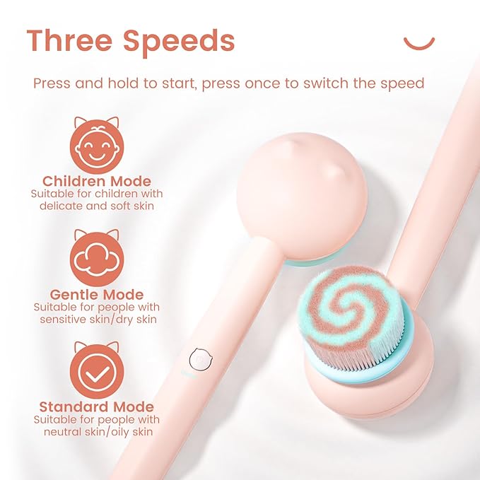 Electric Back Scrubber for Shower Body Brush, Waterproof Shower Body Scrubber for Cleansing, Massaging, Rechargeable Bath Brush for Kids & Adults with 2 Heads & 3 Speed Modes, Berry Pink XY0