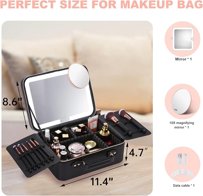 Mocado Travel Makeup Bag with LED Lighted Mirror,Makeup Case with 3 Color Lighted Setting and 10x Magnifying Mirror, Portable Storage and Adjustable Dividers (Black with Hard Leather)