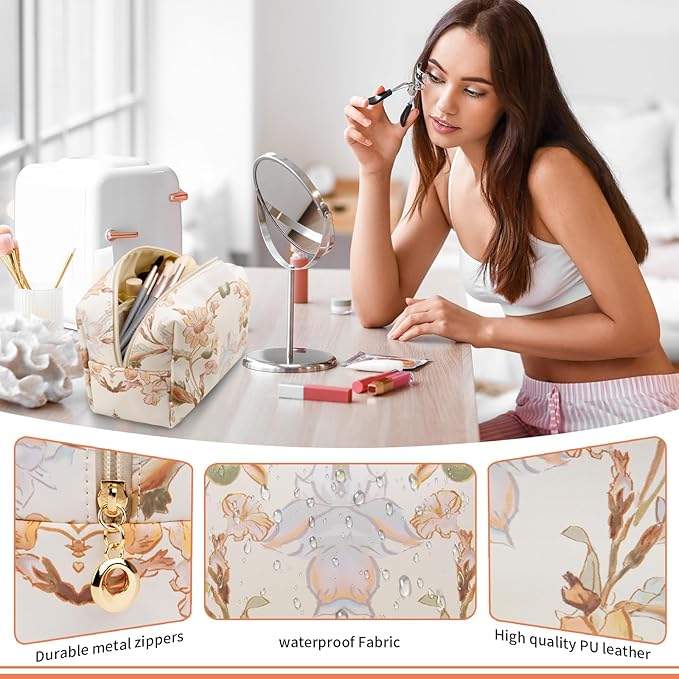 Floral Waterproof Makeup Bag, Leather Cosmetic Bag with Compartments, Zipper Make up Pouch Organizer, Portable Storage Travel Toiletry Bag Gifts for Women Girls(Rose Red Flower)