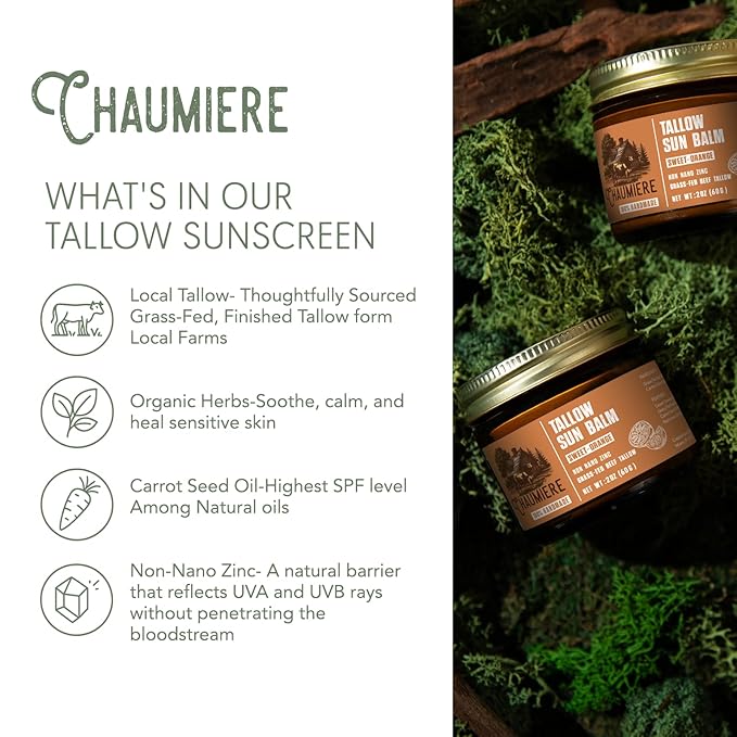 Sweet Orange Tallow Sunscreen SPF 50 – Grass-Fed Beef Tallow Balm with Carrot Seed Oil & Non-Nano Zinc – Organic Face & Body Moisturizer, Reef Safe, Naturally Scented – 2.5oz x2, Made in USA