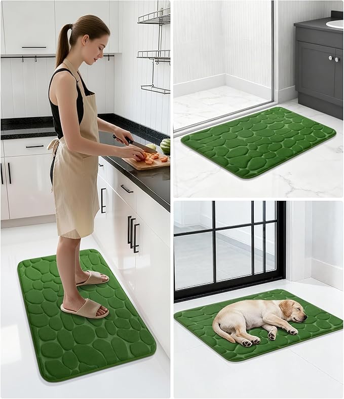 YIHOUSE Memory Foam Runner Rug, Cobblestone Bathroom Runner Rugs Super Water Absorbent Bath Mats for Bathroom Machine Washable Bath Rugs for Hallway Bedroom Laundry Room(24 x 47,Green)