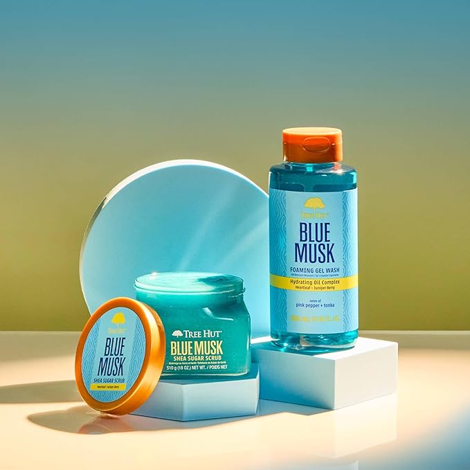 Tree Hut Blue Musk Foaming Gel Wash, Hydrating & Moisturizing Body Wash with Shea Butter & Nourishing Essential Oils, Daily Cleanser for Soft Smooth Skin, 18 fl oz