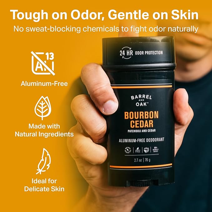 Barrel & Oak Aluminum Free Deodorant for Men, Natural Men's Deodorant with Patchouli & Cedar Essential Oil for Delicate Skin, Grooming Kit Gifts for Men, Bourbon Cedar, 2.7 oz