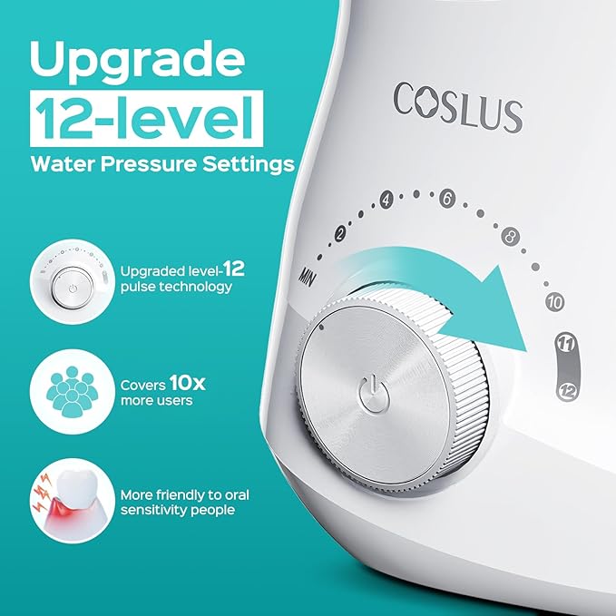 COSLUS Electric Water Flosser for Teeth: Professional Dental Pick for Orthodontic, Sensitive Gums, Braces - 12 Pressure Settings & 5 Multi-Functional Tips for Multiple Users, Home Use, White