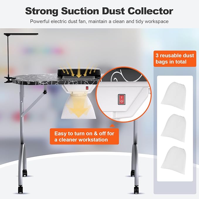 Portable Nail Table for Nail Tech on Wheels, Foldable Professional Manicure Table Travel Nail Desk with LED Lamp/Dust Collector/3 Dust Bags/Wrist Cushion/Storage Bag, Black