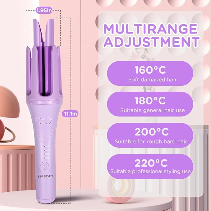 Automatic Curling Iron, 1.5 Inch Hair Curler with 4 Temp. Options, 10S Fast Heating, 2-Way Rotation, 30 Min Auto Shut-Off, Anti-Scald-Tangle for Long Hair, Dual Voltage for Travel (Purple)