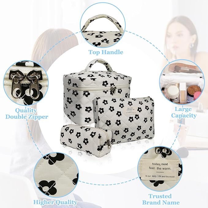3pc Makeup Bag Set, Quilted Makeup Bag Set, Large Floral Cosmetic Bag for Women, Cute Cotton Makeup Bags, Flower Travel Toiletry Organizer Bag (Black Flowers)