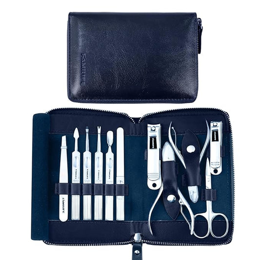 Manicure Kit, FAMILIFE Professional Manicure Set Nail Kit, 11 in 1 Stainless Steel Nail Clippers Set for Men Pedicure Tool, Men Grooming Tool with Portable Blue Leather Travel Case Luxury Gifts