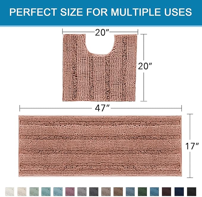 H.VERSAILTEX Bathroom Rugs Bath Rug Set 2 Piece Bathroom Contour Rug Toilet Mat Non Slip Contour Bath Rug Ultra Thick Water Absorbent Striped Bath Mats Washable(47" x 17" Plus 20" x 20" U, Muted Clay)