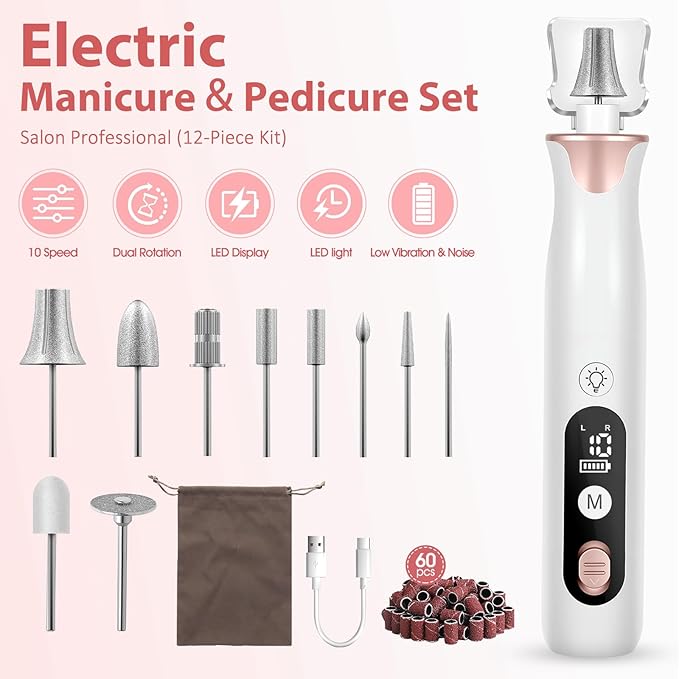 Electric Nail Drill Kit, Haootadiy Professional Manicure Pedicure Set Rechargeable with Nail Drill Bits Sanding Bands, Cordless Electric Nail File Buffer for Acrylic Gel Dip Powder Nails Grind Trim