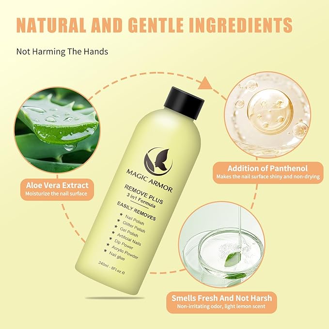 8 FL.Oz Gel Nail Polish Remover, Non Acetone Nail Polish Remover Natural Formula Soak off Gel Removal Professional Finger Nail Polish Remover for Acrylic Glue Dip Powder for Home Salon